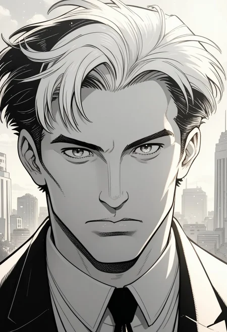 dskxadms, 1boy, male focus, necktie, monochrome, solo, split theme, looking at viewer, shirt, collared shirt, formal, short hair, portrait, suit, multicolored hair, jacket, two-tone hair, closed mouth, comic art style, specular highlights, side lighting, city view, outdoors, extreme light and shadow, cinematic lighting, cinematic angle, close up, arms behind head, natural lighting, score_9, score_8_up, score_7_up, score_6_up, score_5_up, score_4_up,