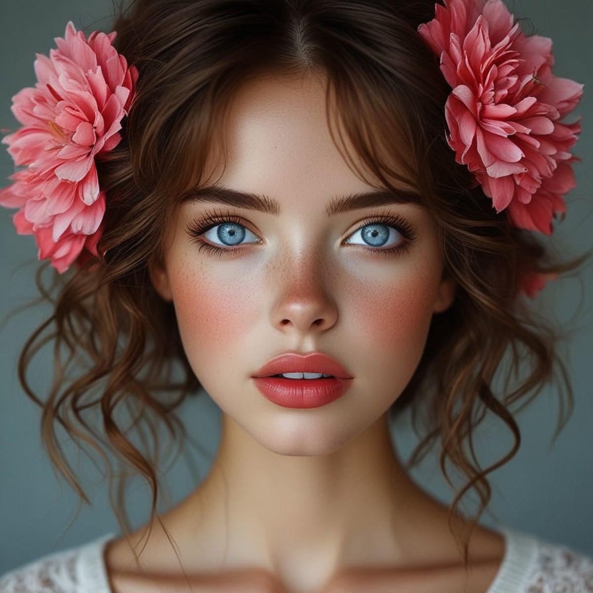 bellissima 1girl, solo, looking at viewer, blue eyes, brown hair, hair ornament, flower, parted lips, hair flower, blurry, lips, eyelashes, red flower, portrait, pink flower, freckles, realistic