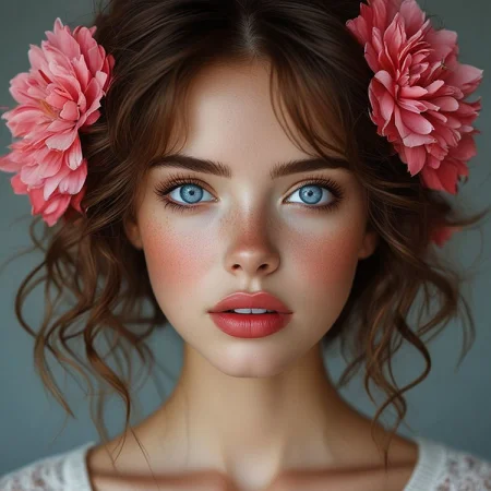 bellissima 1girl, solo, looking at viewer, blue eyes, brown hair, hair ornament, flower, parted lips, hair flower, blurry, lips, eyelashes, red flower, portrait, pink flower, freckles, realistic