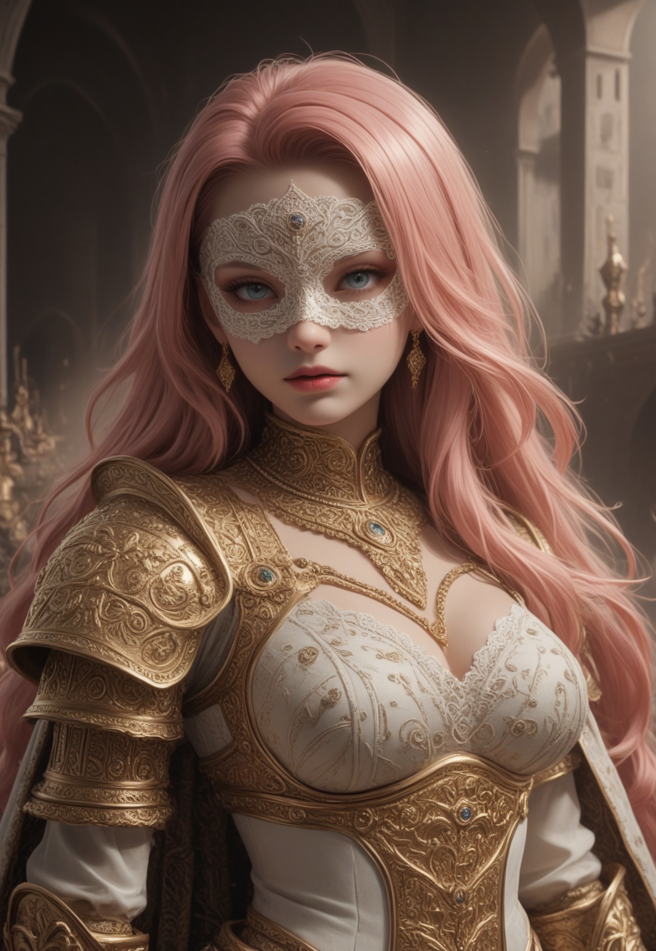 safe_pos, pmg style, score_9, score_8_up, score_7_up, score_6_up, castle, 1girl, pink hair, knight, ((very long hair:1.4)), gold pattern mask, (slender:1.2), (white skin:1.1), large beautiful breasts, gold armor, ((extravagant armor:1.3)), gold patterned armor, large extravagant cape, waist armor, ((hold weapon:1.4)), graves, BREAK, ((white lace mask:1.3)),