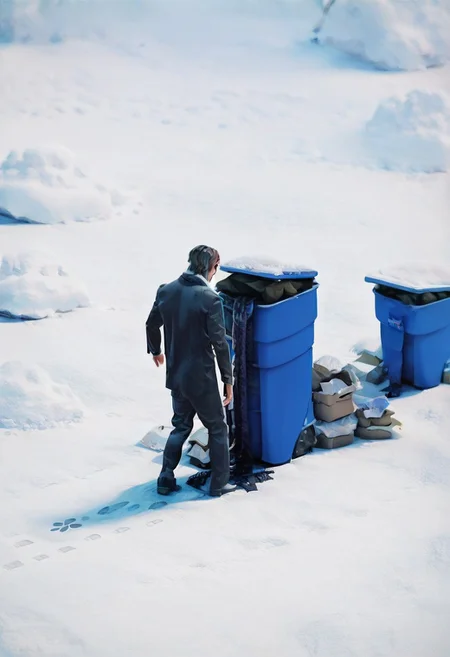 score_9, score_8_up, score_7_up, rating_safe, svrnce, 1boy, male focus, solo, from behind, formal, snow, black hair, suit, footprints, pants, standing, bin, trashcan