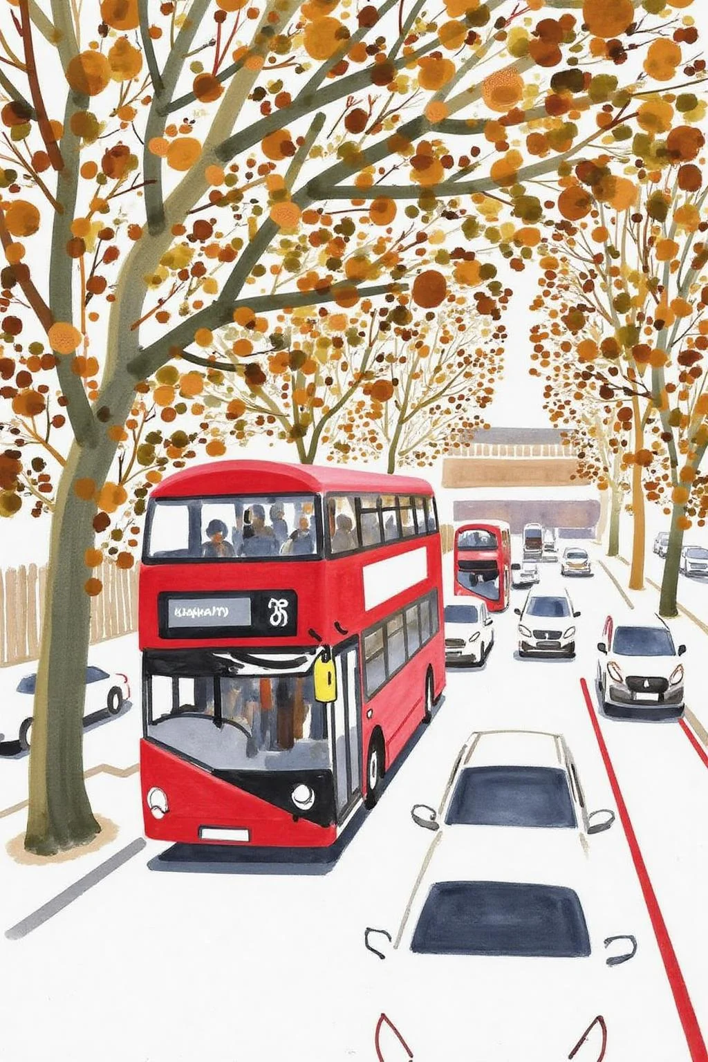 watercolor illustration.
A bustling city street scene. The artwork features a vibrant, urban environment with a focus on a busy road filled with various vehicles. In the foreground, a red double-decker bus dominates the scene, its distinctive shape and color standing out against the muted background. The bus is partially obscured by a tree with leaves painted in warm autumn colors. <lora:minink1_cap_d6a3e12:1.0><lora:825123016674500180:0>