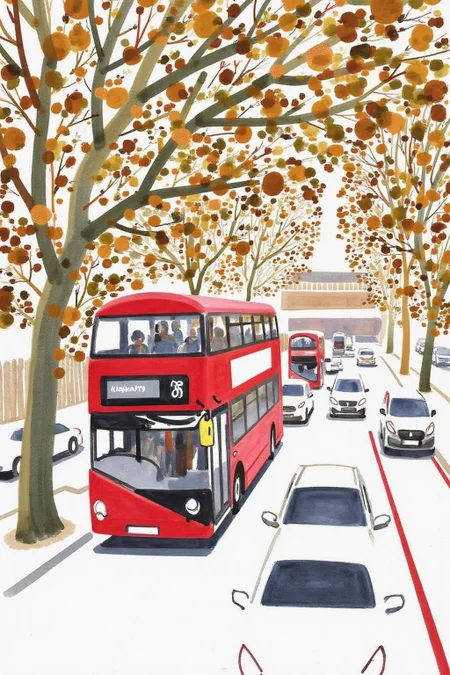 watercolor illustration.
A bustling city street scene. The artwork features a vibrant, urban environment with a focus on a busy road filled with various vehicles. In the foreground, a red double-decker bus dominates the scene, its distinctive shape and color standing out against the muted background. The bus is partially obscured by a tree with leaves painted in warm autumn colors. <lora:minink1_cap_d6a3e12:1.0><lora:825123016674500180:0>