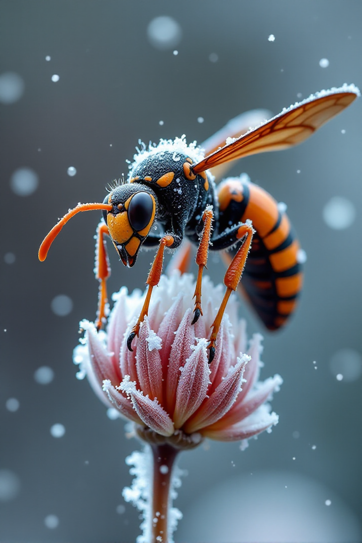 Capture a dramatic macro photograph of a giant Asian wasp perched on a frosty flower during a snowfall. The waspâs robust body is covered in a dusting of fine snowflakes and shimmering ice crystals, accentuating the rich orange and black patterns on its exoskeleton. Its powerful wings are partially frozen, catching the diffused, cool light and reflecting subtle highlights, while the textured details of its antennae and segmented legs gripping the icy flower are vividly rendered. Snowflakes are captured mid-air, some tumbling and others settled on the wasp and flower, adding a dynamic energy to the scene.
The frosty flower, with hints of its vibrant color peeking through a delicate layer of ice, provides an intricate backdrop, showcasing veins and textures illuminated by soft lighting. The background fades into blurred tones of muted whites and pale blues, evoking a calm and cold winter atmosphere. The lighting is natural and diffused, highlighting the frosty textures and creating subtle contrasts on the waspâs bold patterns. This composition emphasizes the waspâs formidable presence against the serene yet harsh beauty of a snow-covered environment, blending intricate detail with dramatic stillness.<lora:Sinfully_Stylish_.02_for_FLUX:1>âââ