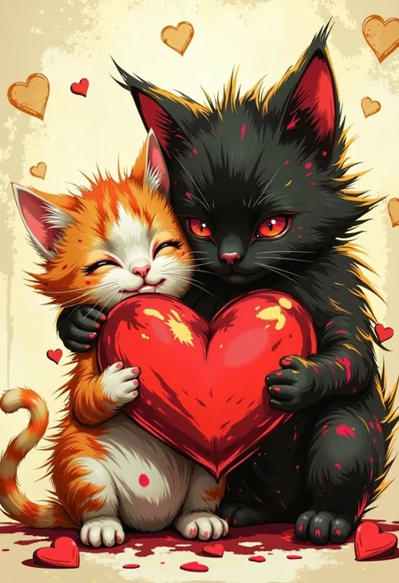 high quality, ultra detailed, colorful, dark fantasy, bo-abyss, bo-neon, ArcaneFGTNR, a digital illustration in a whimsical, romantic style, it features two small, adorable kittens in a loving embrace, the kitten on the left is a small, fluffy orange and white cat with closed eyes, holding a large, red heart in its paws, its fur is soft and fluffy, and its ears are perked up, giving it a content and relaxed expression, the cat on the right is a larger, fluffy black kitten with a soft, fluffy texture, its eyes closed in contentment as it holds the heart close to its chest, the background is a soft gradient of beige and white, with scattered golden hearts and small red hearts floating around them, creating a romantic and dreamy atmosphere, the overall color palette is warm and inviting, with soft, warm tones that enhance the cozy and intimate feel of the scene, the illustration is highly detailed, with a focus on soft textures and delicate, almost ethereal quality, making it a captivating and romantic piece of art<lora:boFLUX Abyss Neon.safetensors:0.6:0.6> <lora:Flux\boFLUX digital-abyss.safetensors:0.6:0.6> <lora:ArcaneFGTNR.safetensors:1.0:1.0>