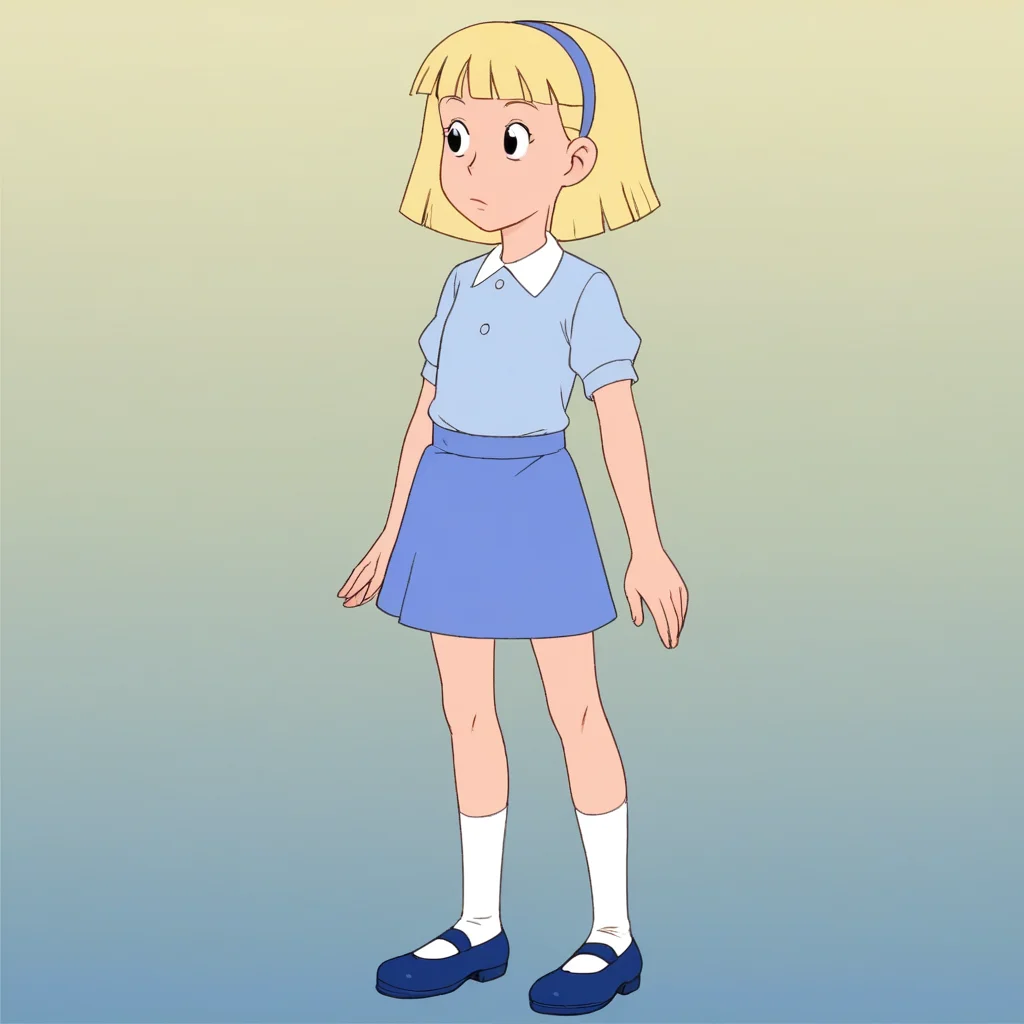 score_7_up, BREAK, Annika, 1girl, solo, short hair, blonde hair, black eyes, hairband, shirt, blue skirt, white socks, blue mary janes, <lora:AnnikaSettergren_PXL_Leaf1:0.8>, full body, gradient background, standing,