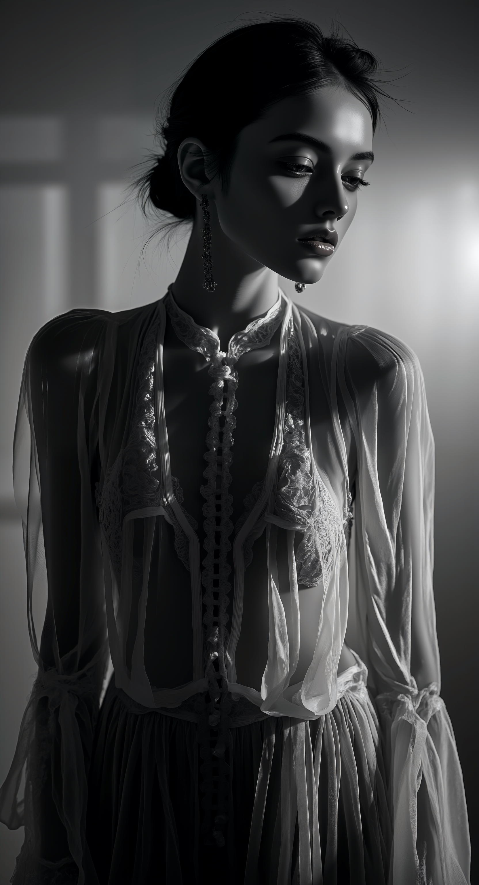 masterpiece, best quality, amazing quality, very aesthetic, absurdres, newest, black and white photography, editorial fashion, elegant woman, poised expression, dawn, abstract urban space, cinematic lighting, peter lindbergh aesthetics, minimalist 1960s fashion, couture dress, holographic projections, water reflections, sound wave visualization, ethereal atmosphere, Platoâs forms, philosophical symbolism, timeless beauty, quiet awe, poetic composition, surreal elegance, endless pursuit of perfection. mwv7_alpha_v01, <lora:Midjourney_Whisper_V7_alpha_v01:1>,  midjourney_whisper_avant_couture, <lora:midjourney_whisper_avant_couture_v01:0.8>,