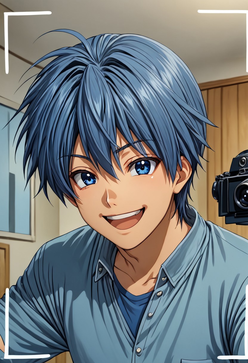high resolution, solo, best quality, 1Boy, Tomoya Okazaki, Grey Blue Hair, blue eyes, Smiling brightly at camera, joyful, engaging, warm,