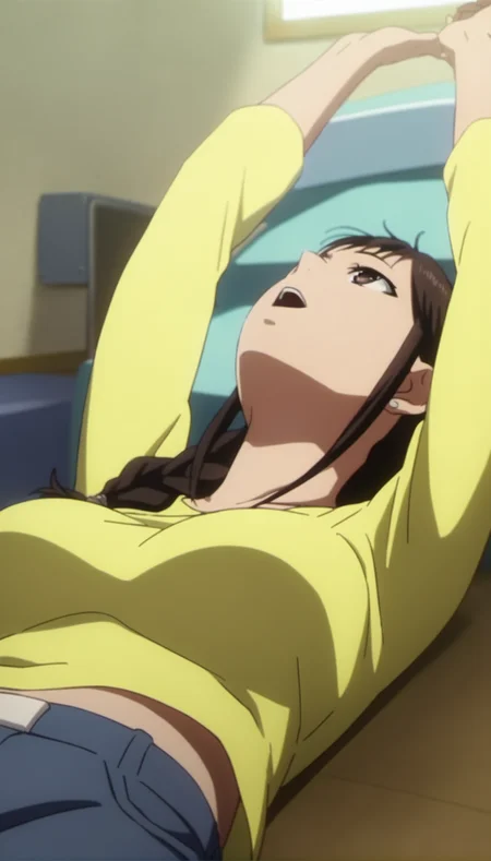 score_9,score_8_up,score_7_up,
<lora:MisatoSegawa:1>,
misato segawa,
1girl,solo,black hair,bangs,braid,brown eyes,open mouth,looking up,yellow t-shirt,long sleeves,upper body,from below,stretching with arms raised,lying,
blurry background,bloom,lens flare,vignetting,indoors,