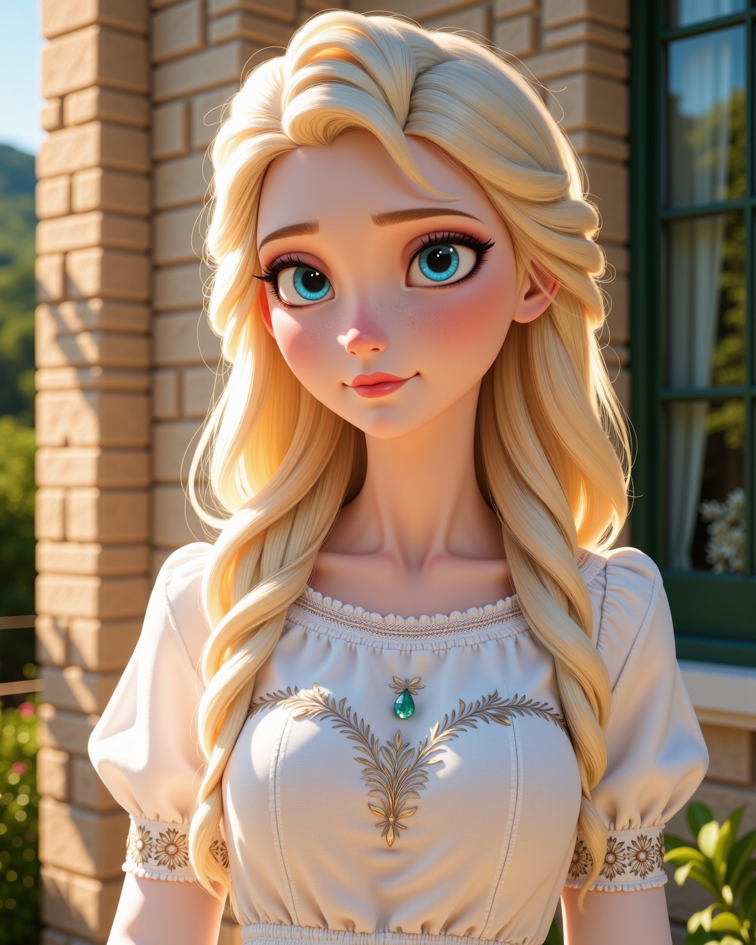 -looking at viewer, outdoors daylight, a 20 year old adult mature woman.
PhotoRealistic Style,  side view photo of.
<lora:Frozen_-_Elsa_v2_000030:1> f-elsa, blue eyes, blonde hairCotton puffed sleeve peasant blouse, accented with embroidered lace around the hem and neckline
Upper Body view passport style