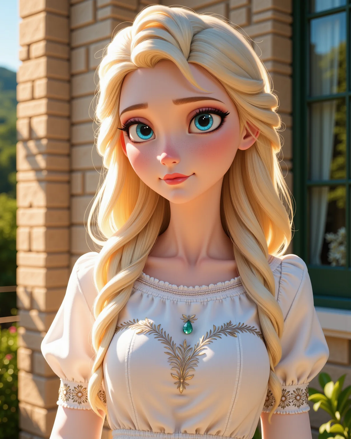 -looking at viewer, outdoors daylight, a 20 year old adult mature woman.
PhotoRealistic Style,  side view photo of.
<lora:Frozen_-_Elsa_v2_000030:1> f-elsa, blue eyes, blonde hairCotton puffed sleeve peasant blouse, accented with embroidered lace around the hem and neckline
Upper Body view passport style