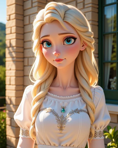 -looking at viewer, outdoors daylight, a 20 year old adult mature woman.
PhotoRealistic Style,  side view photo of.
<lora:Frozen_-_Elsa_v2_000030:1> f-elsa, blue eyes, blonde hairCotton puffed sleeve peasant blouse, accented with embroidered lace around the hem and neckline
Upper Body view passport style