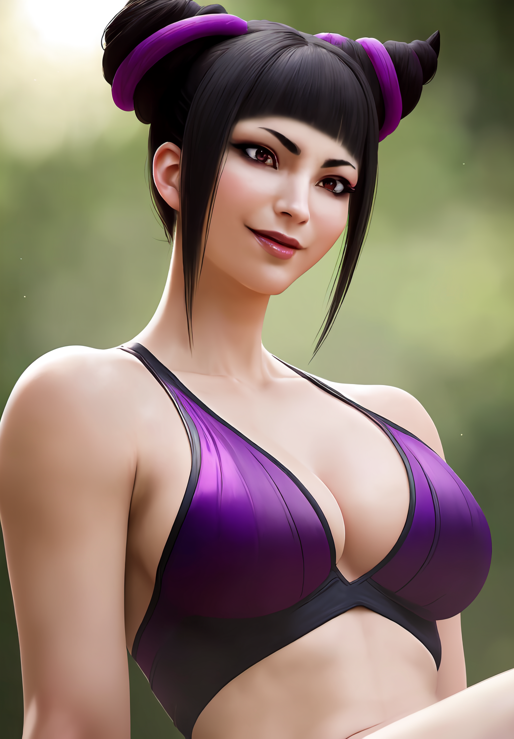 (Photo:1.3), highdetail, <lora:juri_han:0.8>, juri_han, 1girl, solo, smirk, sitting, Dark red, gray, and black colors, vibrant colors, (summer, sunny weather:1.3), medium intensity lighting, (Soft focus:1.3), (acclaimed, alluring, captivating, exciting, gorgeous, striking:1.3), (ultra realistic, sharp focus:1.3)