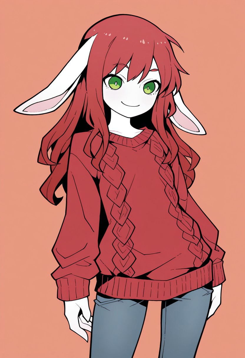masterpiece,best quality,amazing quality, very aesthetic,rabbit girl,furry,red hair,white rabbit ear,solo,add detailed eyes,green eyes,dressed,happy,long hair,roll-up sweater,jeans,AkablStyle, flat_color,