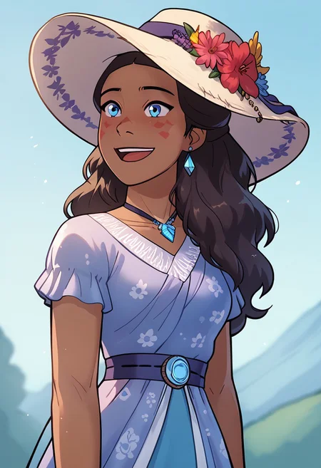 Score_9, Score_8, Score_7, relatedguy, 1girl, Katara, Katara with Long Hair, Outfit: Bohemian maxi dress with floral patterns and a wide-brimmed hat. Composition: Soft focus, with the subject slightly blurred in the foreground. Scenery: A sunlit meadow with wildflowers and a clear blue sky. Facial Expression: Joyful laughter, head tilted back in delight.