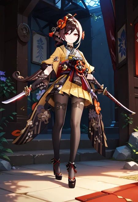 score_9,score_8_up,score_7_up,source_anime,CHIORI_(GENSHIN_IMPACT),1girl,solo,long hair,looking at viewer,smile,bangs,skirt,blonde hair,brown hair,hair ornament,red eyes,thighhighs,gloves,holding,closed mouth,standing,ponytail,weapon,flower,pantyhose,multicolored hair,japanese clothes,black gloves,elbow gloves,sword,hair flower,wide sleeves,kimono,holding weapon,high heels,two-tone hair,black pantyhose,sash,holding sword,katana,dual wielding