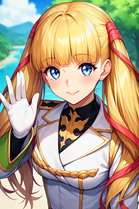 score_9, score_8_up, score_7_up, score_6_up, score_5_up, score_4_up, rating_questionable, , source_anime, digital illustration, pixiv, fanbox, uncensored, , BREAK, official art,
1girl, solo,mature female, monica kruszewski, blonde hair, blue eyes, hair ribbon, medium breasts, twintails, ribbon,
military uniform, leotard, highleg leotard, white gloves, waving, outdoors, upper body, light smile, blush, cowboy shot, looking at viewer, <lora:Monica_Kruszewski_Pony-000009:0.9>
