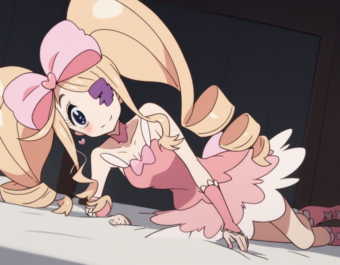 score_9, score_8_up, score_7_up, source_anime,
nuiharime, <lora:nui-harime-s1-ponyxl-lora-nochekaiser:1>,
nui harime, big hair, blonde hair, blue eyes, drill hair, eyepatch, hair bow, long hair, pink bow, twin drills, twintails,
boots, bow, dress, eyepatch, hair bow, pink footwear, strapless, strapless dress,
indoors, bed, bed room, on side, blush, drunk,
solo, dutch angle, looking at viewer, cowboy shot,