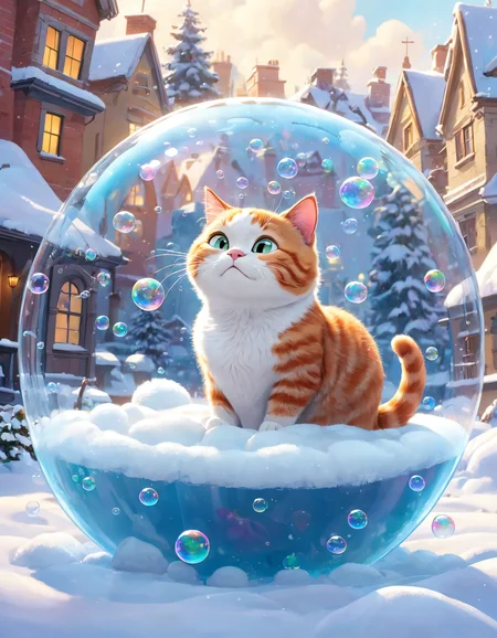 pixar style, lots of bubble floating, a cat resting inside the bubble, snow fall