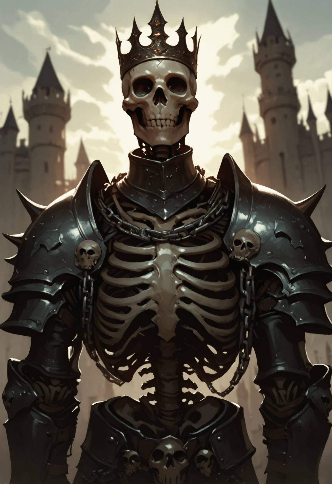 crown, armor, skeleton, outdoors, castle, solo, shoulder armor, blurry, skull, blurry background, sky, 1boy, cloud, pauldrons, tower, chain, facing viewer, upper body, male focus,, masterwork, masterpiece, best quality, dynamic lighting , dynamic pose,,  dynamic angle, nose,