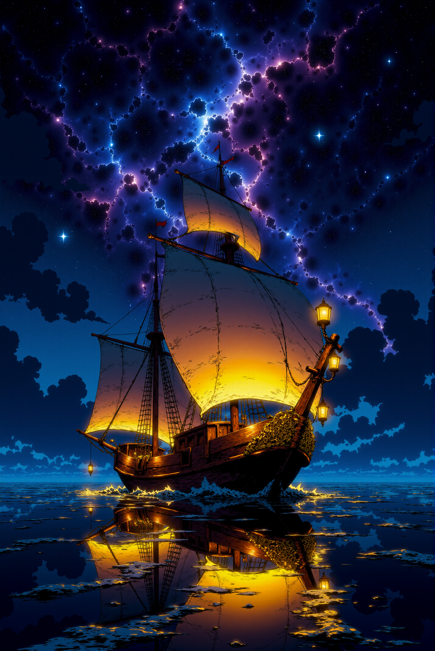 <lora:DGLO_style_v.7:0.75> DGLO style. A majestic wooden ship with ornate golden carvings glides silently over a tranquil ocean illuminated by a trail of glowing starlight on the water's surface. The sails are lit from within by a warm, golden glow emanating from lanterns hanging at the bow and stern. Above, the night sky is a dazzling display of celestial wonder, with a crescent moon hanging low amidst a swirling galaxy of vibrant colorsârich blues, purples, and fiery orange nebulae blending seamlessly. The ocean reflects the stars, creating a surreal mirror-like effect. The scene feels dreamlike, as if the ship is journeying through a cosmic realm. Perspective: slightly angled from the waterline, capturing both the ship's grandeur and the infinite sky.