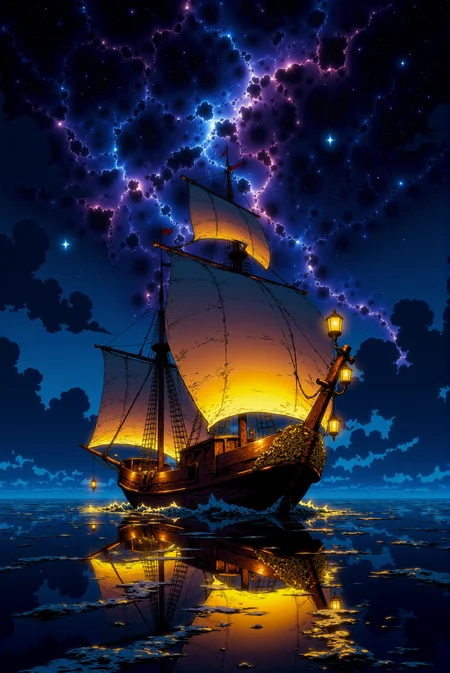 <lora:DGLO_style_v.7:0.75> DGLO style. A majestic wooden ship with ornate golden carvings glides silently over a tranquil ocean illuminated by a trail of glowing starlight on the water's surface. The sails are lit from within by a warm, golden glow emanating from lanterns hanging at the bow and stern. Above, the night sky is a dazzling display of celestial wonder, with a crescent moon hanging low amidst a swirling galaxy of vibrant colors—rich blues, purples, and fiery orange nebulae blending seamlessly. The ocean reflects the stars, creating a surreal mirror-like effect. The scene feels dreamlike, as if the ship is journeying through a cosmic realm. Perspective: slightly angled from the waterline, capturing both the ship's grandeur and the infinite sky.
