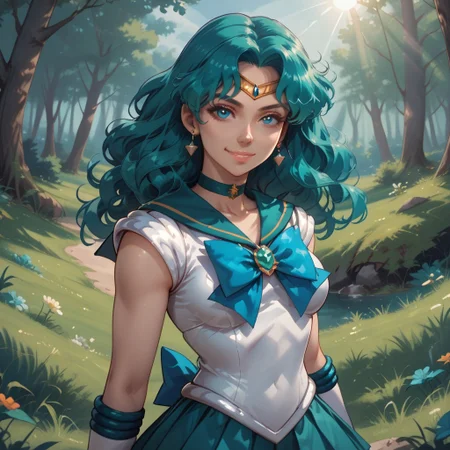 score_9, score_8, BREAK, solo, sailor neptune,1girl,medium hair,teal hair,curly hair,earrings,sailor senshi uniform,blue eyes,teal choker,tiara,teal sailor collar,blue bowtie,white shirt,elbow gloves,white gloves, pleated skirt, teal miniskirt, sexy pose, self portrait, smile, outdoors, sunlight, shadows, evening lighting, natural lighting, forest, trees, grass, orange sky, sunset