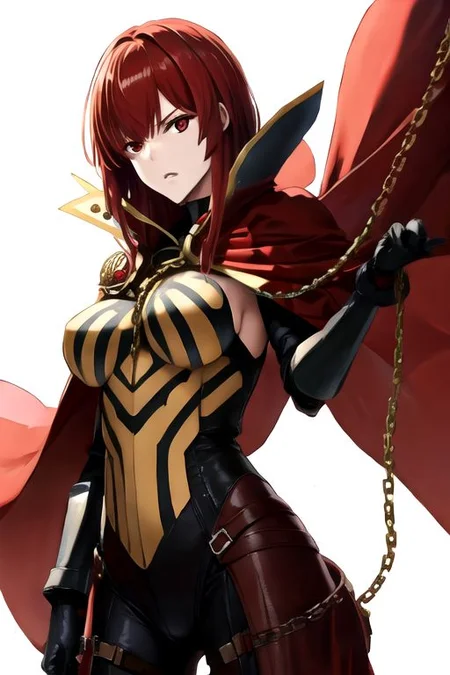 solo_focus, 1girl, (((masterpiece))), ((best quality)), ((ultra-detailed)), high resolution, absurdres, highres, ultra-detailed 8k unity wallpaper,
oda_biig,large breasts,red eyes,black bodysuit,red hair,chain,collared cape,