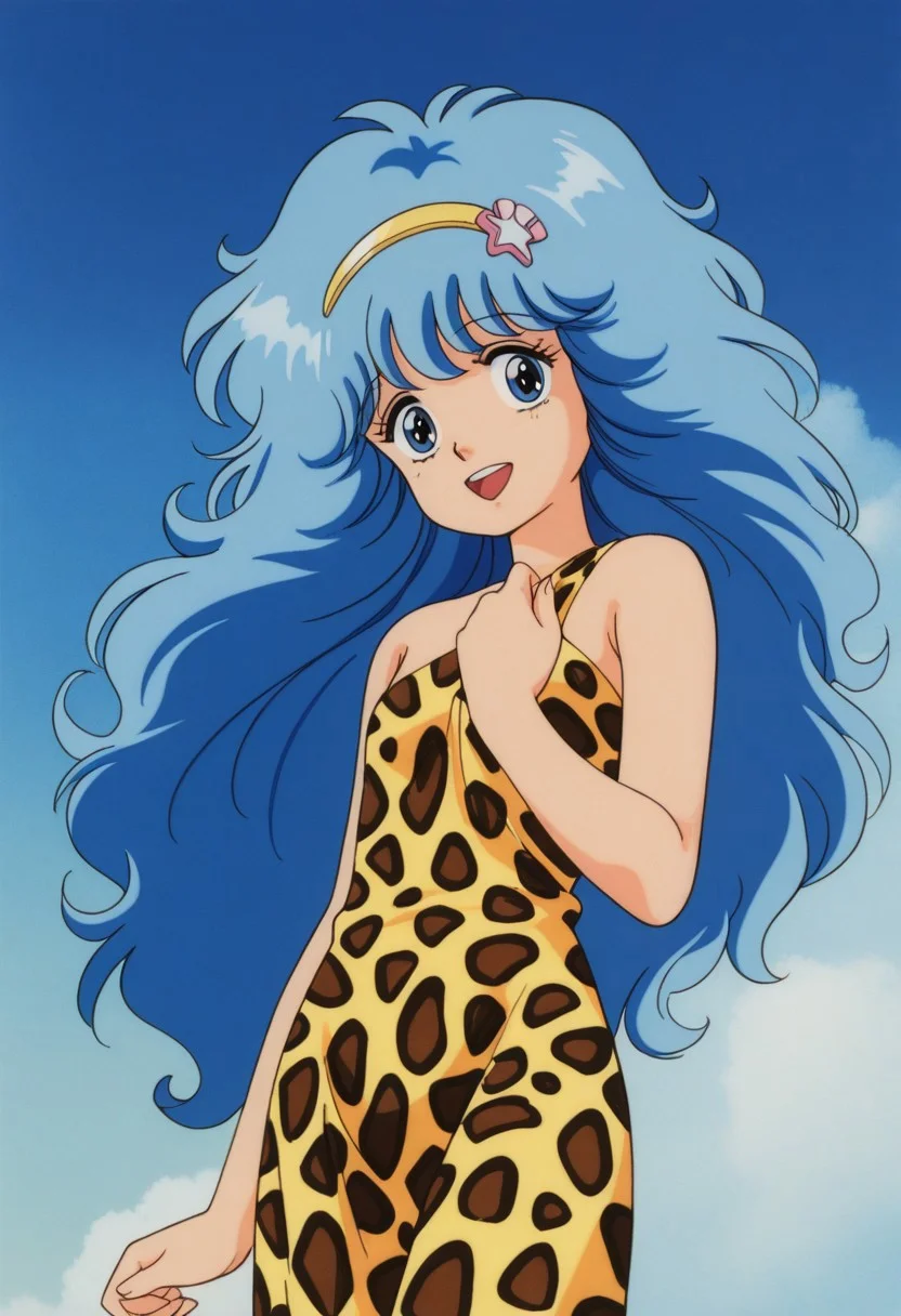 masterpiece, best quality, source_anime,official art,perfect_anatomy,1990s_\(style\),retro_artstyle,persia hayami,1girl,blue eyes,blue hair,long hair,big hair,hairband,hair ornament,(Primitive-like leopard skin costume with long hem,long hem,Only one strap:1.1),flat chests,looking_at_viewer,smile,open mouth,cowboy shot,close to viewer,day,blue_sky,cloud