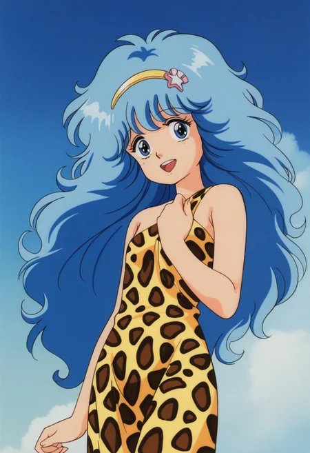masterpiece, best quality, source_anime,official art,perfect_anatomy,1990s_\(style\),retro_artstyle,persia hayami,1girl,blue eyes,blue hair,long hair,big hair,hairband,hair ornament,(Primitive-like leopard skin costume with long hem,long hem,Only one strap:1.1),flat chests,looking_at_viewer,smile,open mouth,cowboy shot,close to viewer,day,blue_sky,cloud