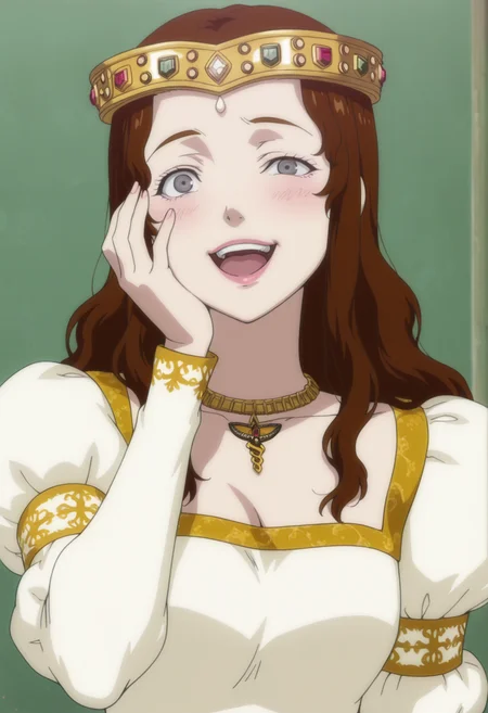 anime screencap, anime coloring, <lora:DX888Charlotte:1> charlotte, grey eyes, brown hair, lips,hair down, long hair, princess, crown, necklace, puffy sleeves, long dress, BREAK simple background, green background, BREAK 1girl, blush, breasts, constricted pupils, crazy eyes, crazy smile, half-closed eye, hand on own face, hand up, looking at viewer, open mouth, solo, tongue, upper body, upper teeth only,