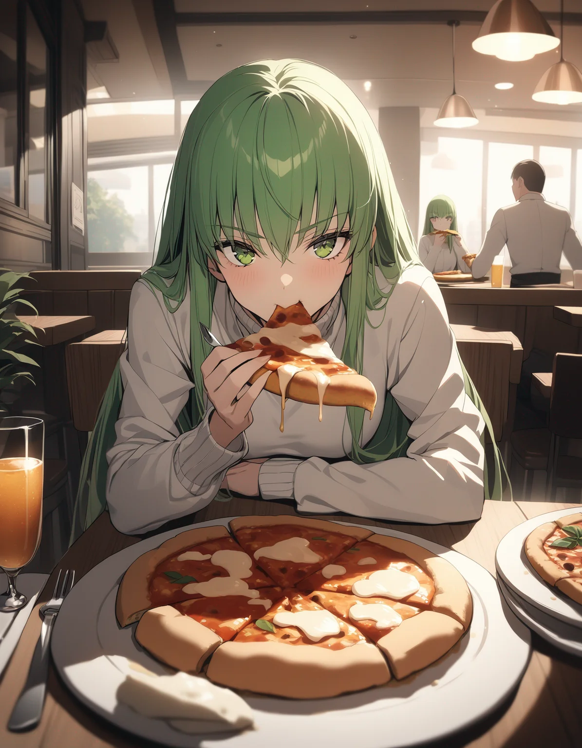 1girl, c.c., code geass, white shirt, long sleeves, turtleneck, sitting, looking at viewer, eating, pizza, plate, fork, knife, table, chair, table, restaurant, cinematic angle, cinematic lighting, masterpiece, best quality
