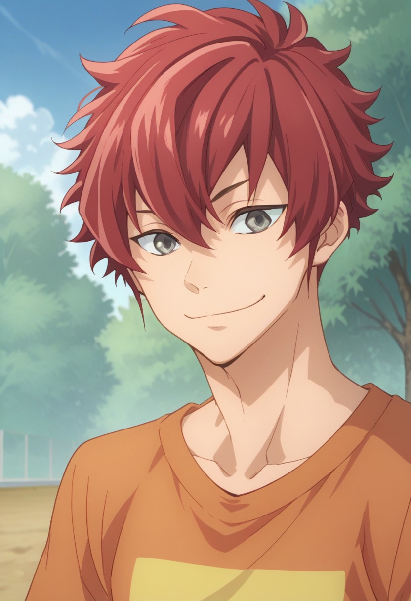 score_9, score_8_up, score_7_up, source_anime, highly detailed, 
kensei, 1boy, male focus, red hair, solo, grey eyes, shirt, t-shirt, short over long sleeves, orange shirt,
red shirt, black shirt, smile, happy, closed mouth,
outdoor, sky, cloud, tree