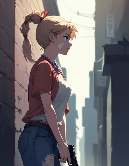 score_9, score_8_up, score_7_up, source_anime <lora:kid-cc-ponyxl-000012:1> kdecc, facial mark, necklace, ponytail, streetwear, torn jeans,
1girl, handgun, from side, intense, upper body, outdoors, alley, night