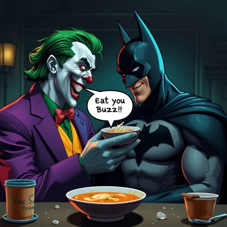 Hyper realistic comedy scene where the Joker tries to feed Batman some soup, the said in a speech balloon: ’Eat you Buzz Batman’, but batman refused with extremely disgusting expression and turning his face away