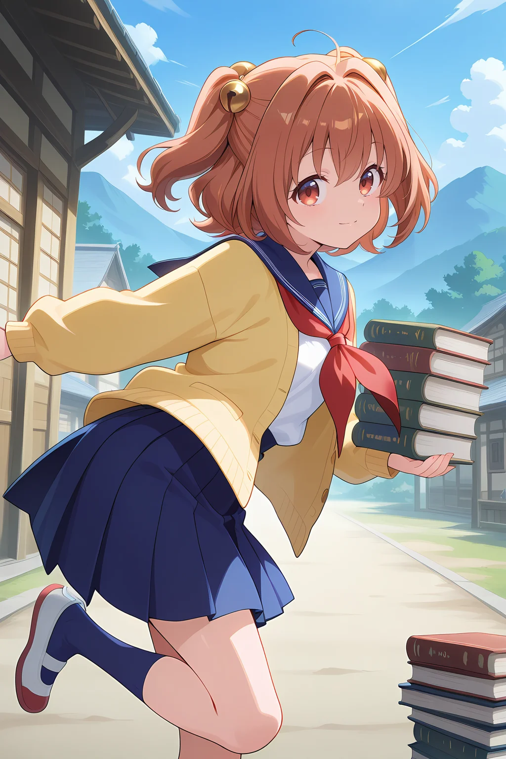 absurdres, highres, masterpiece, best quality, amazing quality, official anime artwork, screencap, anime screencap, outdoors, looking at viewer, dynamic pose, village, light smile, 
 <lora:Kosuzu-Motoori_Illustrious:1> motoori kosuzu, 1girl, solo, brown eyes, brown hair, twintails, short hair,, bell, ahoge, bell, blue sailor collar, blue skirt, blue socks, book stack, yellow cardigan, holding book, sweater, open cardigan, long sleeves, white shirt, pleated skirt, red neckerchief, blue sailor collar, uwabaki,