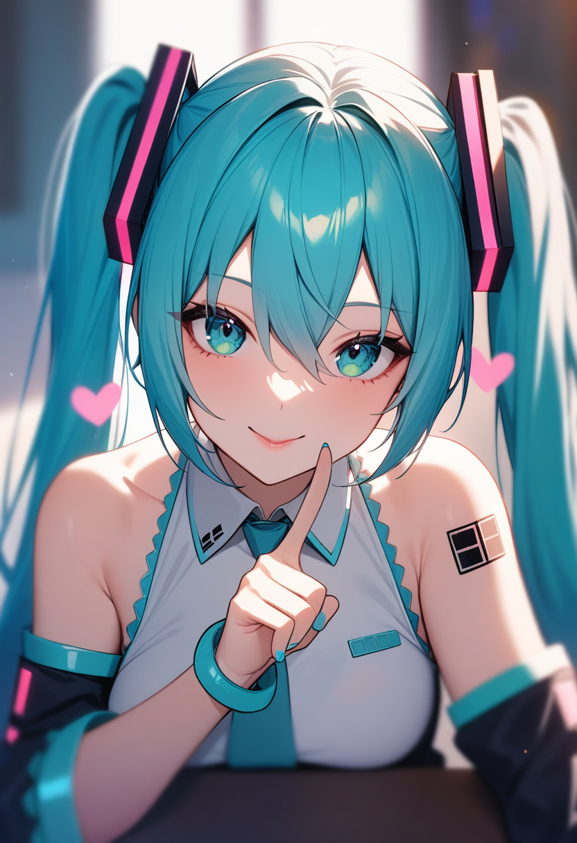 masterpiece,best quality,very aesthetic,absurdres,<lora:against_fourth_wall_xl:1>,against_fourth_wall, 1girl, hatsune_miku, solo, indoors, upper_body, sitting, smile, lips, aqua_hair, long_hair, twintails, hair_ornament, highres, 39, aqua_eyes, aqua_nails, aqua_necktie, bare_shoulders, black_sleeves, blurry_foreground, commentary, detached_sleeves, grey_shirt, heart, index_finger_raised, looking_at_viewer, nail_polish, shoulder_tattoo, sidelighting, sleeveless_shirt, twitter_username