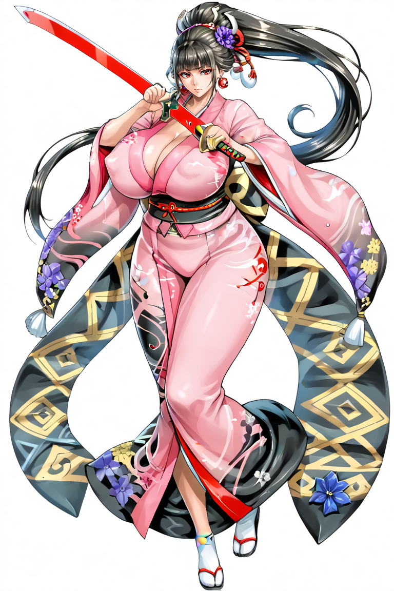 score_9, score_8_up, score_7_up, score_6_up, source_anime,kunoichi enrai, 1girl, breasts, floral print, japanese clothes, sword, kimono, sash, weapon, hair ornament, tabi, covered nipples, huge breasts, flower, holding, tomoe (symbol), white background, pink kimono, solo, hair flower, obi, holding sword, kanzashi, earrings, jewelry, holding weapon, cleavage, simple background, obijime, curvy, red eyes<lora:EMS-432673-EMS:1.000000>