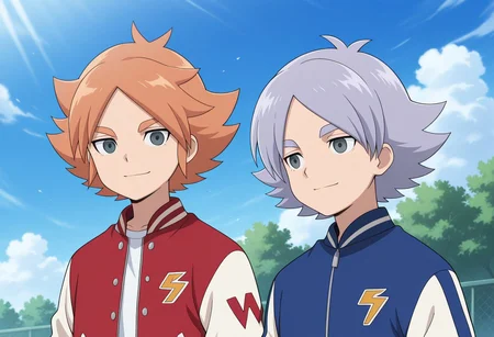 masterpiece,best quality,amazing quality, source_anime, 
2boys, brothers, smile, 
FubukiAtsuya, 1boy, male focus, grey eyes, orange hair, letterman jacket, red jacket, BREAK
fubukishirou, 1boy, male focus, grey hair, parted bangs, grey eyes, letterman jacket, blue jacket, BREAK
outdoor, sky, day, clouds,