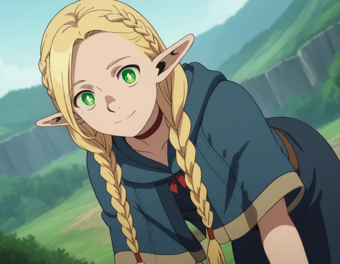 score_9, score_8_up, score_7_up, source_anime,
marcilledonato, <lora:marcille-donato-s1-ponyxl-lora-nochekaiser:1>,
marcille donato, long hair, blonde hair, green eyes, braid, pointy ears, twin braids, elf, bright pupils, parted bangs,
choker, robe, red choker,
outdoors, landscape, bent over, smile,
looking at viewer, solo, cowboy shot, dutch angle,