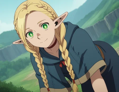 score_9, score_8_up, score_7_up, source_anime,
marcilledonato, <lora:marcille-donato-s1-ponyxl-lora-nochekaiser:1>,
marcille donato, long hair, blonde hair, green eyes, braid, pointy ears, twin braids, elf, bright pupils, parted bangs,
choker, robe, red choker,
outdoors, landscape, bent over, smile,
looking at viewer, solo, cowboy shot, dutch angle,