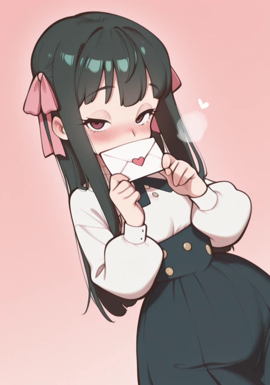 1girl, blush,hair ribbon,heart,long sleeves,looking at viewer,covered mouth,(((one hand holding a love letter))),upper body,pink background, BREAK character_concept, cowboy_shot, (dutch_angle:1.25), masterpiece, best quality, amazing quality, very aesthetic, absurdres, modern, recent, newest, <lora:LaphizTeadah_IL_Style_epoch_7:1> L4phiz