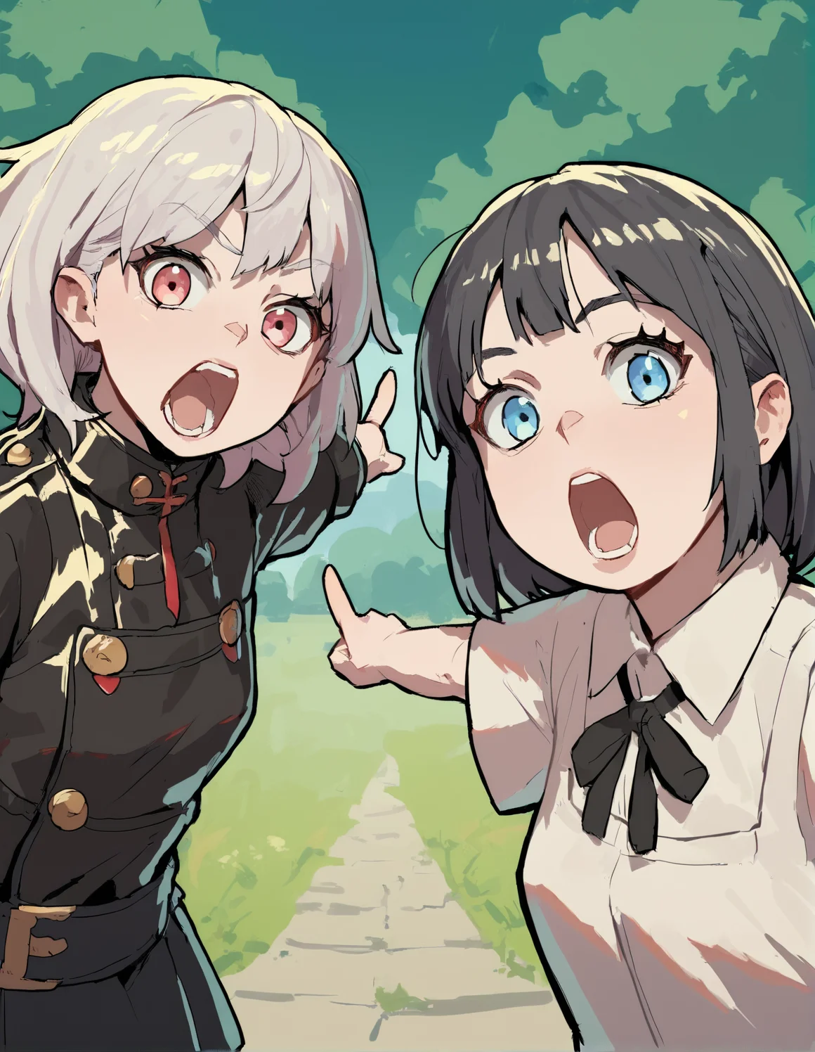 score_9, score_8_up, score_7_up, score_6_up, score_5_up, score_4_up, BREAK
soyjacks, <lora:soyjacks:1>, 2girls, duo, pointing, open mouth, :o, looking at the viewer, source_anime