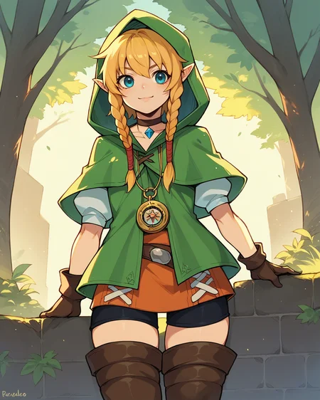 score_9, score_8_up, score_7_up, source_anime, solo, 1girl, linkle, nintendo, the legend of zelda, braid, twin braids, choker, thigh boots, zettai ryouiki, hood, <lora:linkle_PDXL-000001:1>