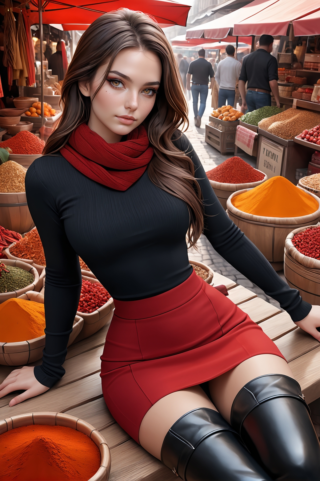<lora:hourglassv2_SDXL:1> (masterpiece:1.4), best quality, (photorealistic:1.4), a photo of a beautiful woman, hourglass body shape, cowboy shot, lying, brunette hair, long hair,Black long-sleeve blouse, red mini skirt, black knee-high boots, red scarf, small breasts, bustling market with colorful stalls and the aroma of fresh spices <lora:add-detail-xl:1.5>