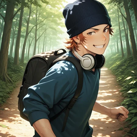 masterpiece, best quality, amazing quality, absurdres, newest, detailed background, definition so sharp, Ultra-HD, 8K cinematic, very awa, impressionate, amazing quality, highres, 
solo, male focus, manly, 
1boy, short hair, beanie, headphone around neck, misaki_orange hair, misaki_brown eyes, misakiyata, backpack, forest path, sunlight through trees, dappled light, sense of wonder, exploration, carefree, playful, running, looking back, mischievous grin,