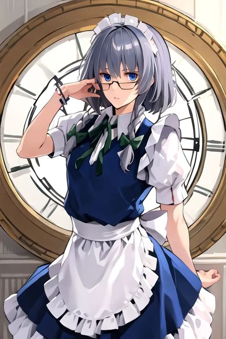 solo, 1girl, solo_focus, (((masterpiece))), ((best quality)), ((ultra-detailed)), high resolution, absurdres, highres, ultra-detailed 8k unity wallpaper,
((glasses, bespectacled, )):2,
izayoi sakuya,
1girl,blue eyes, maid headdress, braid, grey hair, maid, twin braids, short hair, wrist cuffs, bow, hair bow, short sleeves, ribbon, apron,