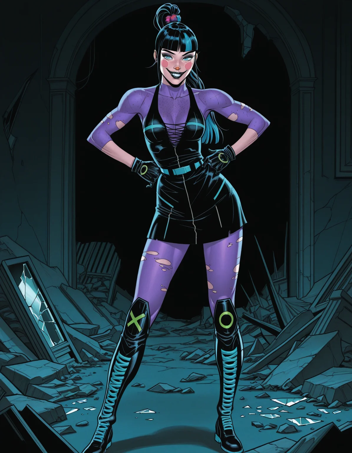 torn clothes, black dress, see-through shirt, pantyhose, torn pantyhose, black gloves, knee boots,
indoors, dark background, ruins, rubble,
1girl, solo, contrapposto, looking at viewer, hands on own hips,
<lora:batmandcr-punchline:1> xpunchlinex, multicolored hair, black hair, blue hair, long hair, high ponytail, blunt bangs, blue eyes, freckles, blush stickers, makeup, black lips,