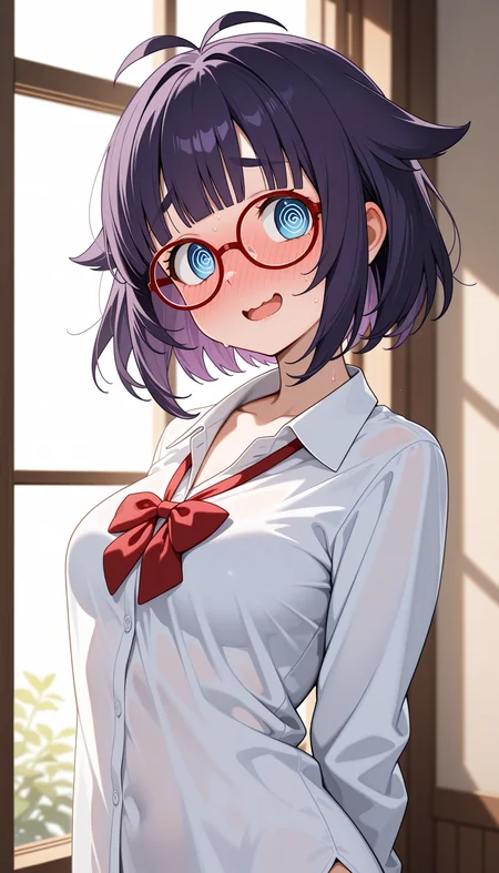 masterpiece, best quality, amazing quality, very aesthetic, high resolution, ultra-detailed, absurdres, newest, scenery, 1girl, solo, purple hair, medium bob, choppy blunt bangs, sidelocks, hair flaps, antenna hair, blue eyes, round eyes, tareme, smile, open mouth, wavy mouth, raised inner eyebrows, (round eyebrows:1.2), full-face blush, @ @, sweatdrop, medium breasts, round red-framed glasses, loose oversized collared white shirt sleeves past wrists, loose tilted red bowtie, collarbone, messy hair, looking away, embarassed, arms behind back, shrugging, arched back, window, dappled sunlight, back light, rim light, see-through_silhouette, upper body, (head tilt:1.2), facing up, facing another, dutch angle, BREAK, delicate hair, volumetric lighting