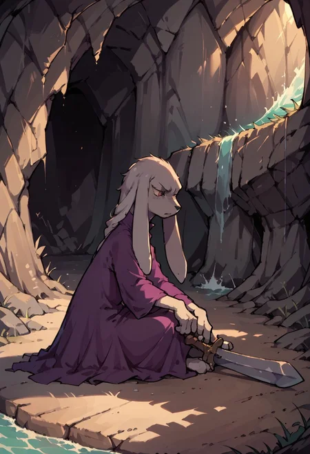 score_9,score_8_up,score_7_up, cave, shadow, lighting, king, purple dress, long ears, side view, ocean, looking down at the water, sword on the ground, sitting on the ground